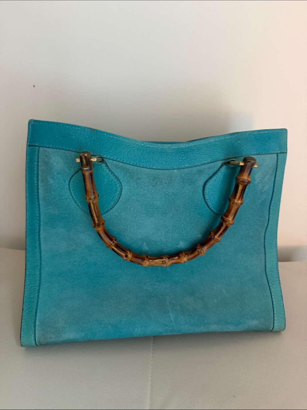 Vintage Gucci Turquoise Suede Tote with Bamboo Handle